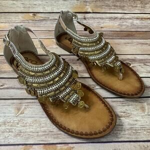 Naughty Monkey Womens Gold Coin and Rhinestone Gypsy Thong Sandals 10